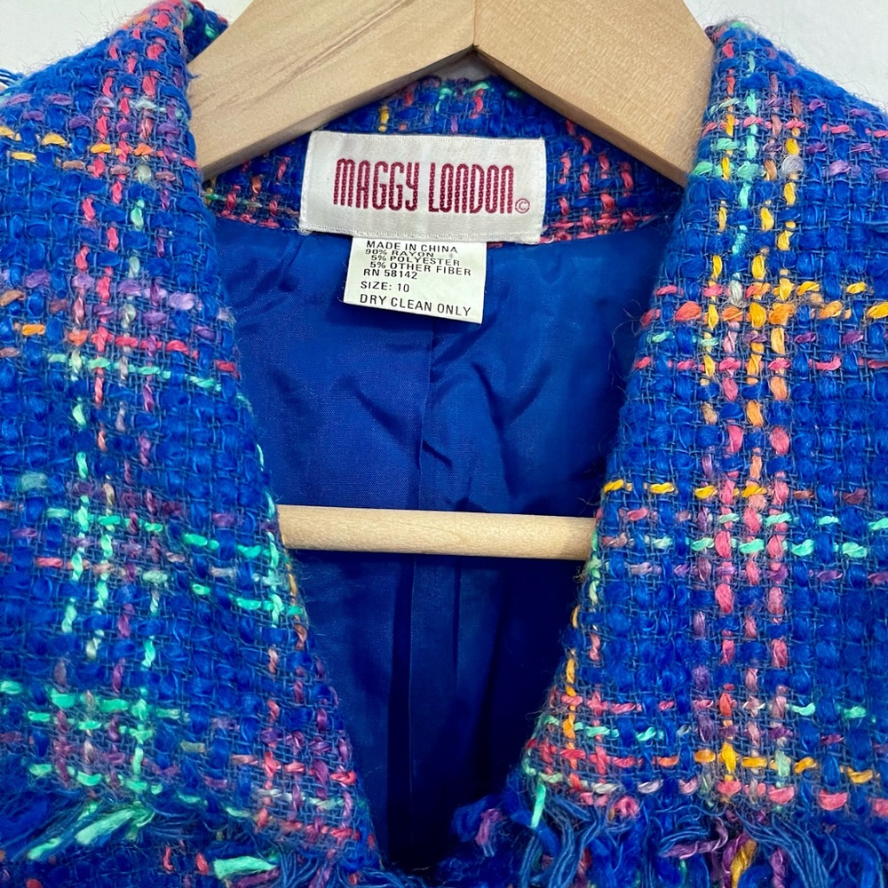 Vintage Bright Blue Plaid Neon Pink Green Business Fringe Blazer Suit Coat - Picture 12 of 14